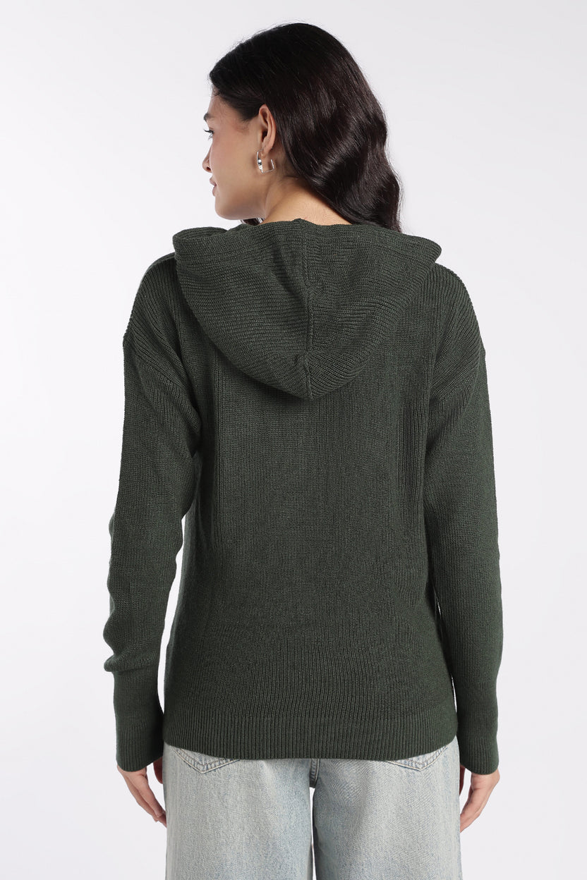 Womens Olive Ribbed Hooded Sweater - Image 5