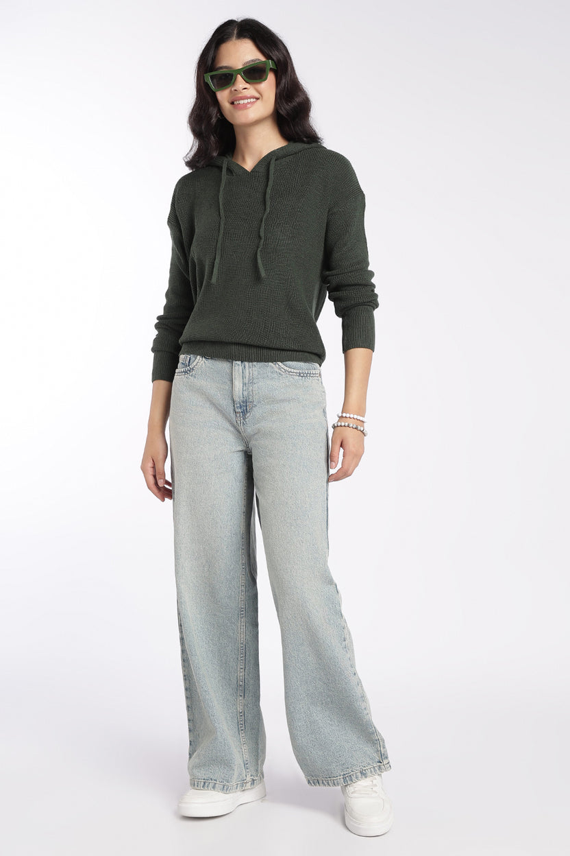 Womens Olive Ribbed Hooded Sweater - Image 6