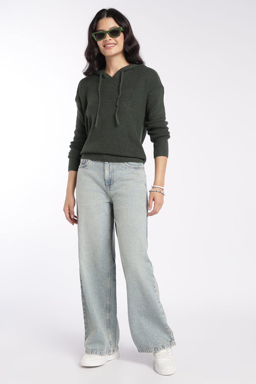 Womens Olive Ribbed Hooded Sweater - Image 6
