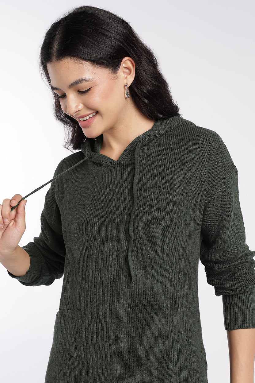 Womens Olive Ribbed Hooded Sweater - Image 7
