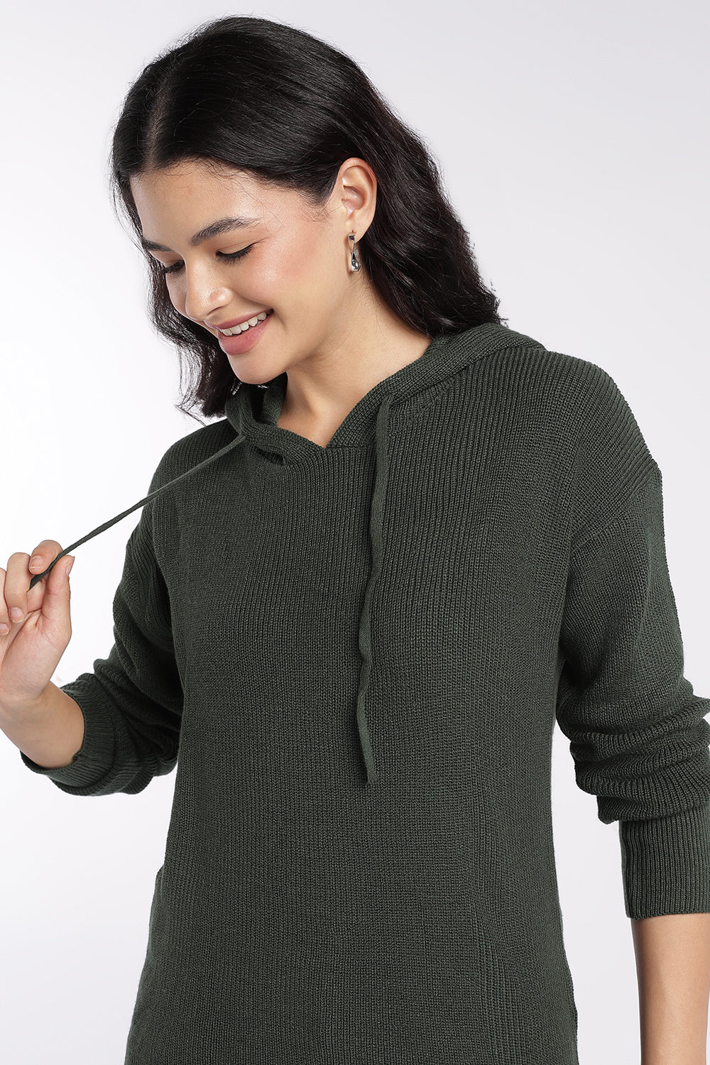 Womens Olive Ribbed Hooded Sweater - Image 7