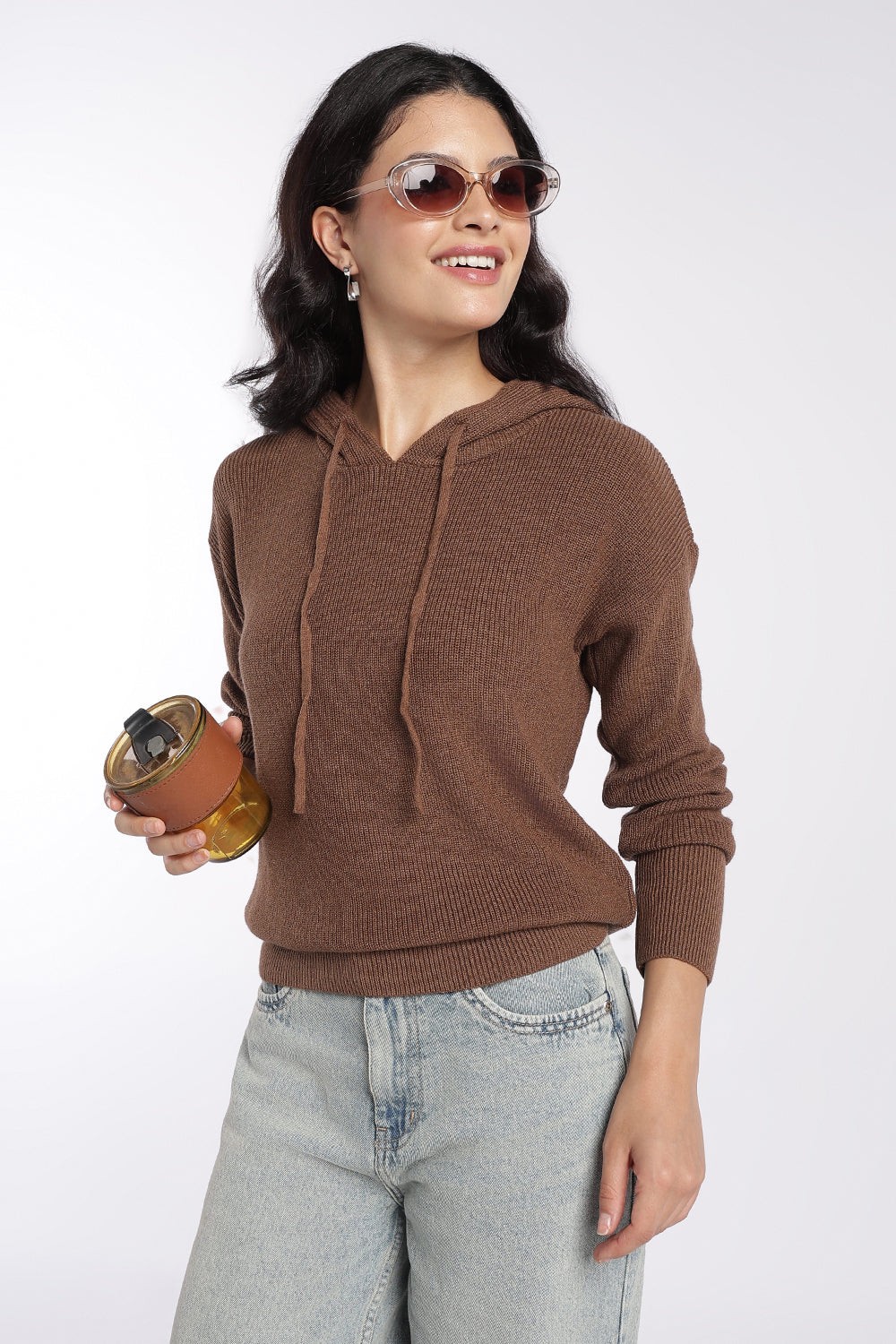 Womens Brown Ribbed Hooded Sweater - Image 1