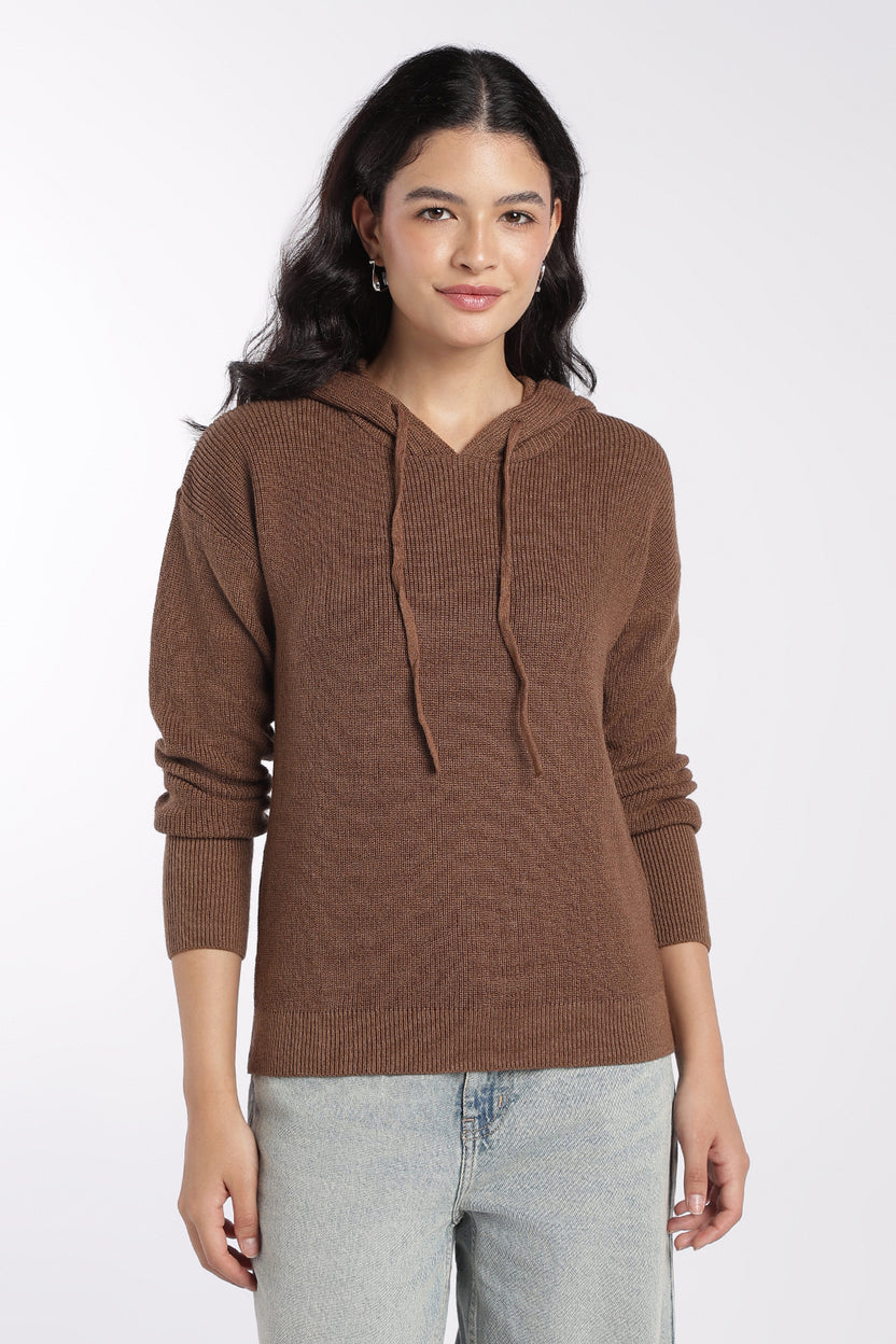Womens Brown Ribbed Hooded Sweater - Image 2