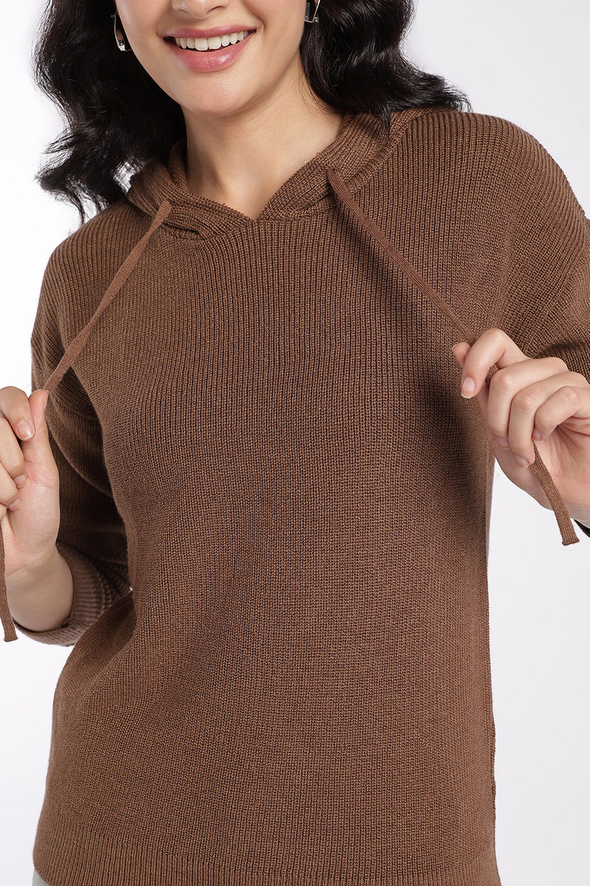 Womens Brown Ribbed Hooded Sweater - Image 3