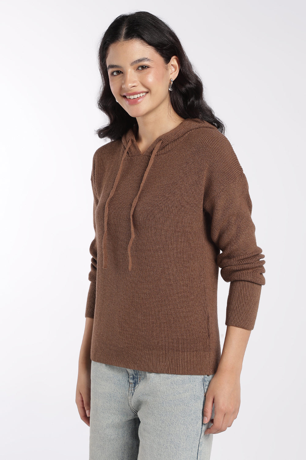 Womens Brown Ribbed Hooded Sweater - Image 4