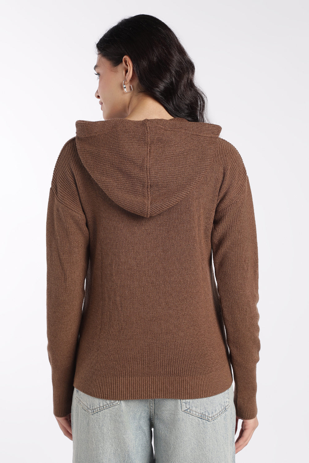 Womens Brown Ribbed Hooded Sweater - Image 5