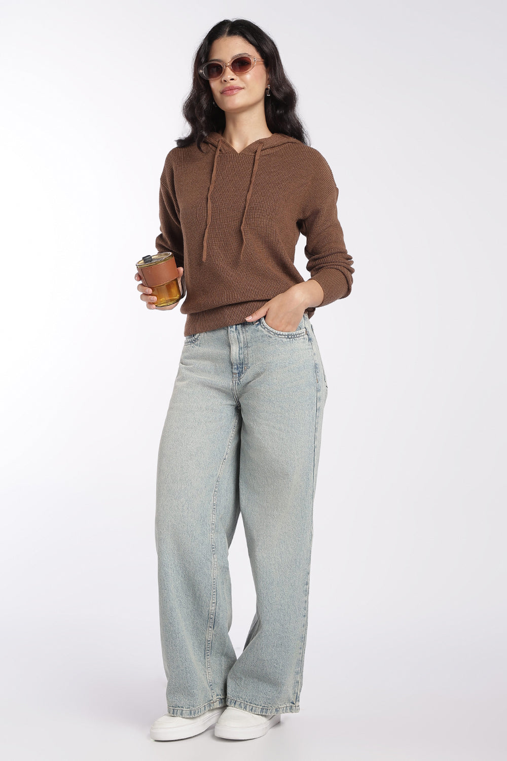 Womens Brown Ribbed Hooded Sweater - Image 6