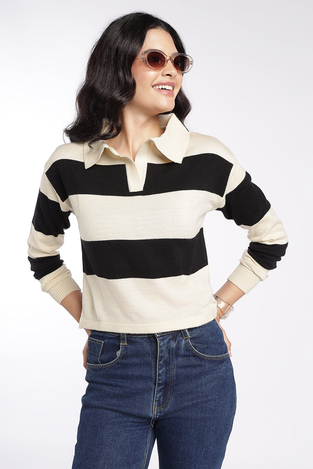 Womens Black Striped Collared Sweatshirt - Image 1