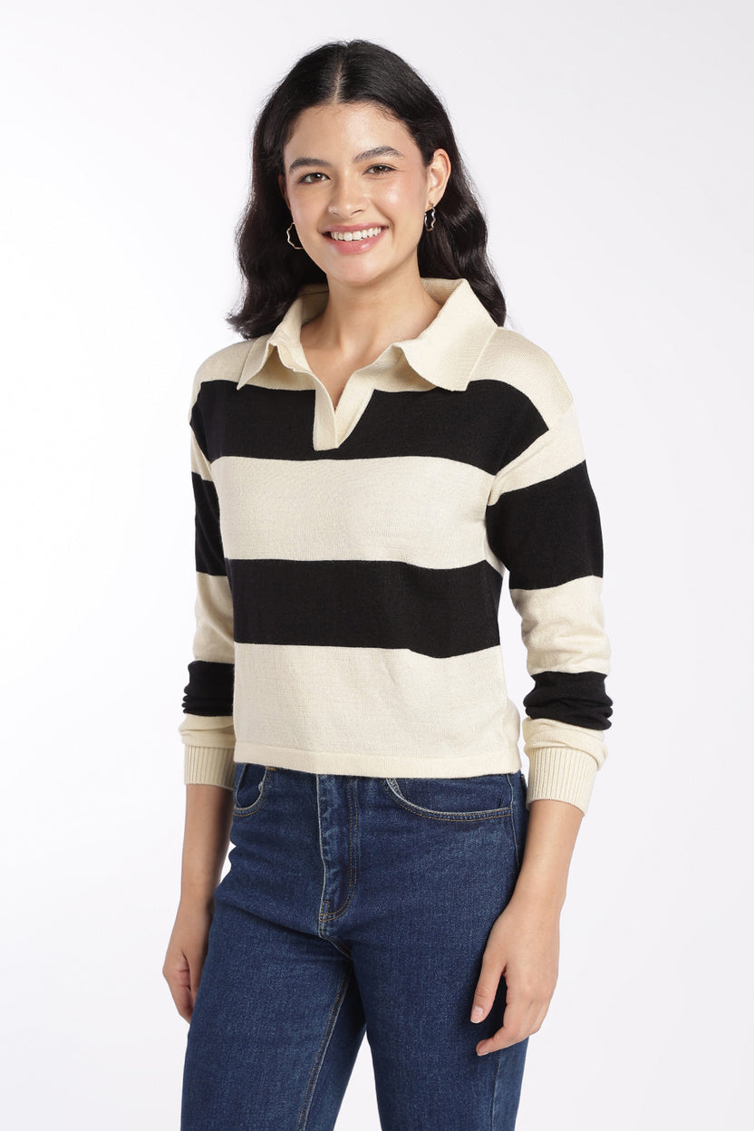 Womens Black Striped Collared Sweatshirt - Image 4