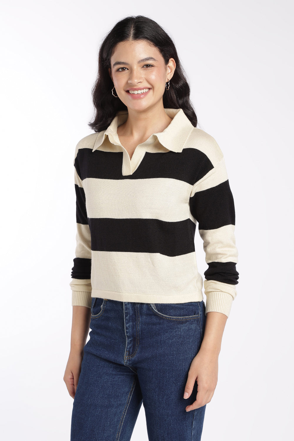 Womens Black Striped Collared Sweatshirt - Image 4