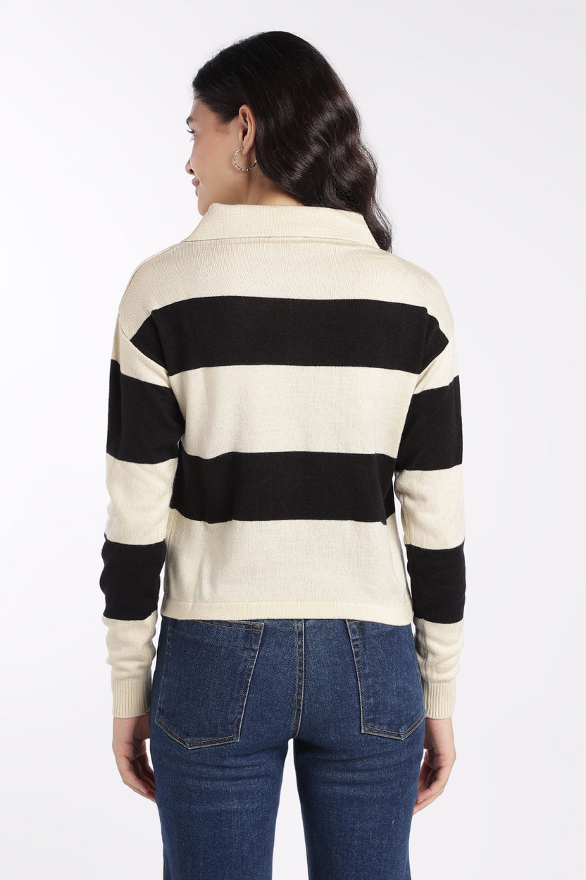 Womens Black Striped Collared Sweatshirt - Image 5