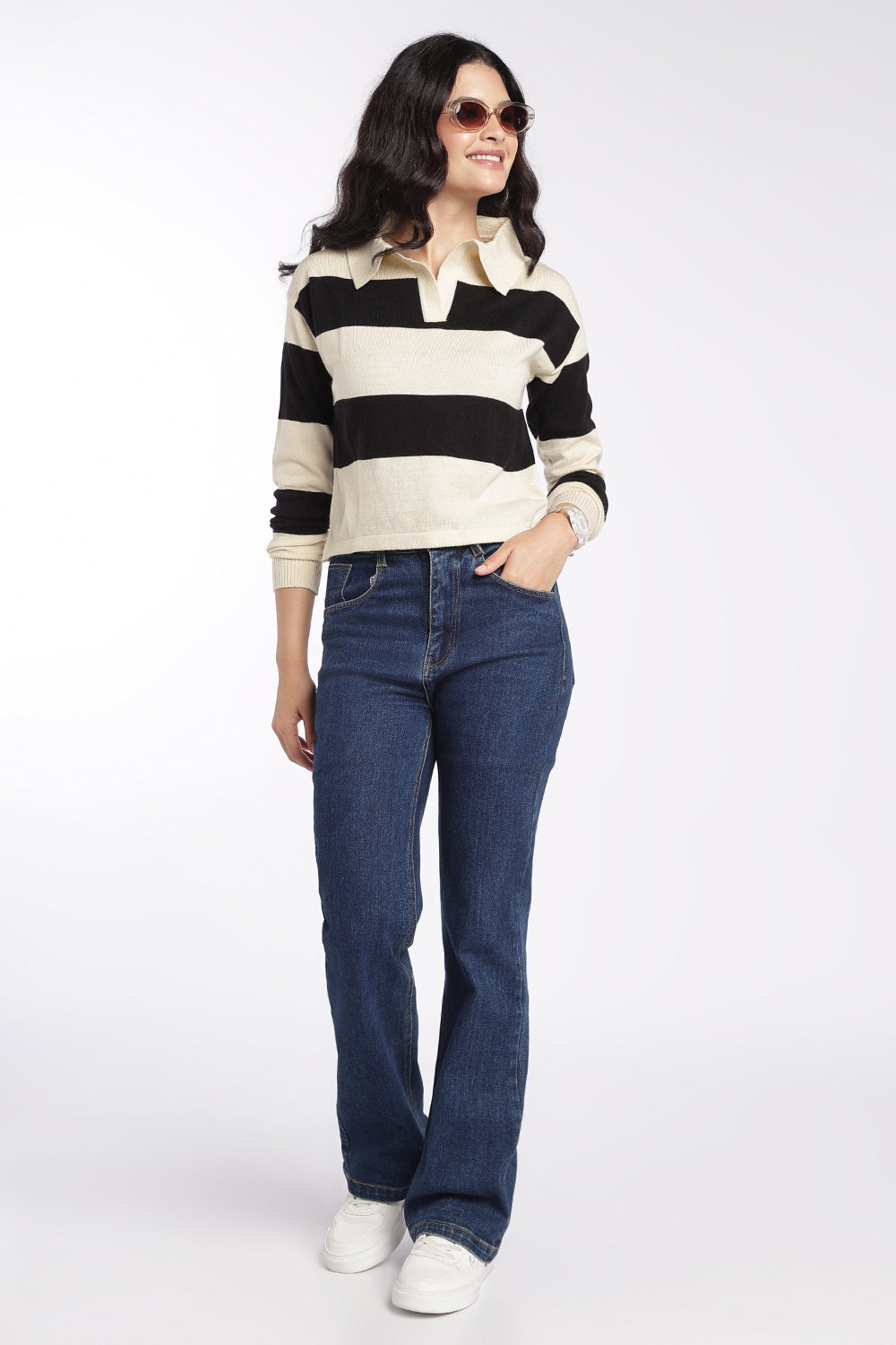 Womens Black Striped Collared Sweatshirt - Image 6