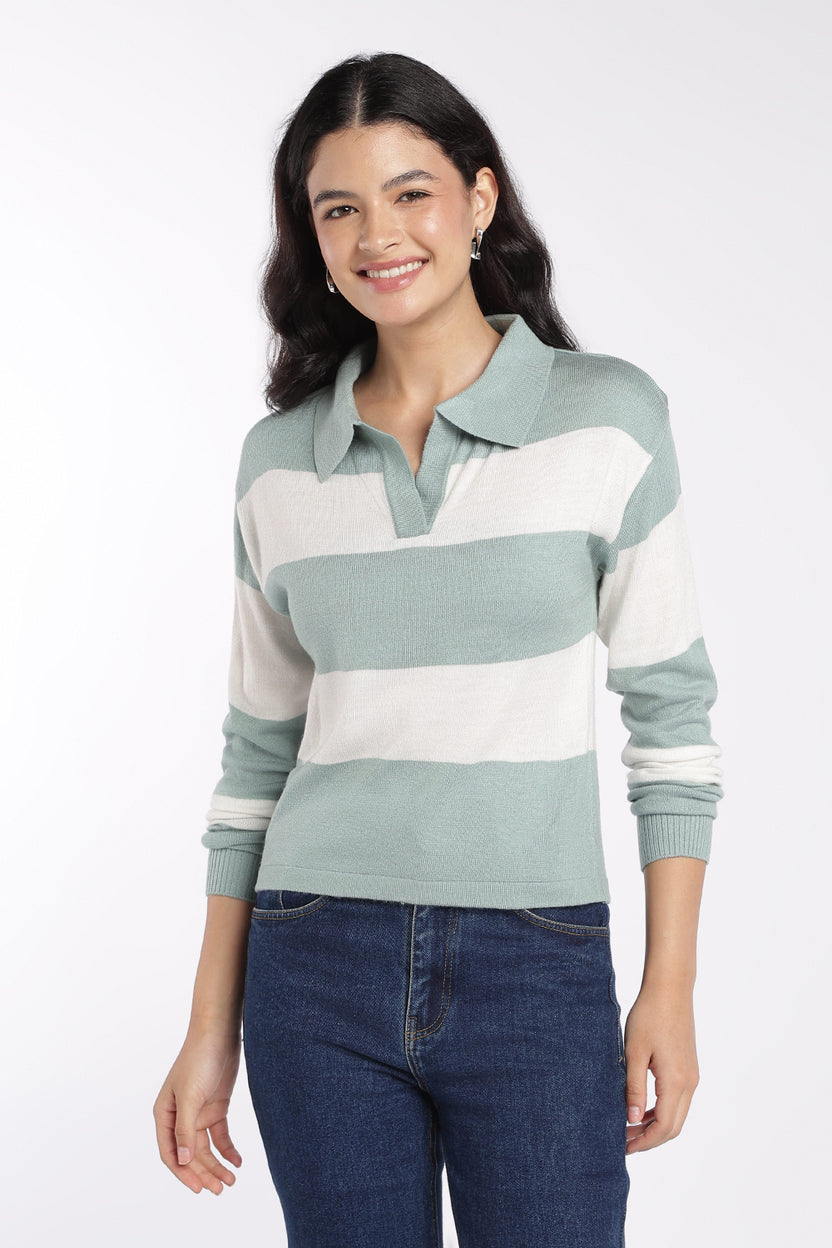 Womens Green Striped Collared Sweatshirt - Image 2