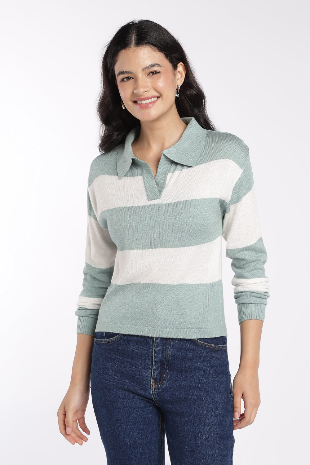 Womens Green Striped Collared Sweatshirt - Image 2