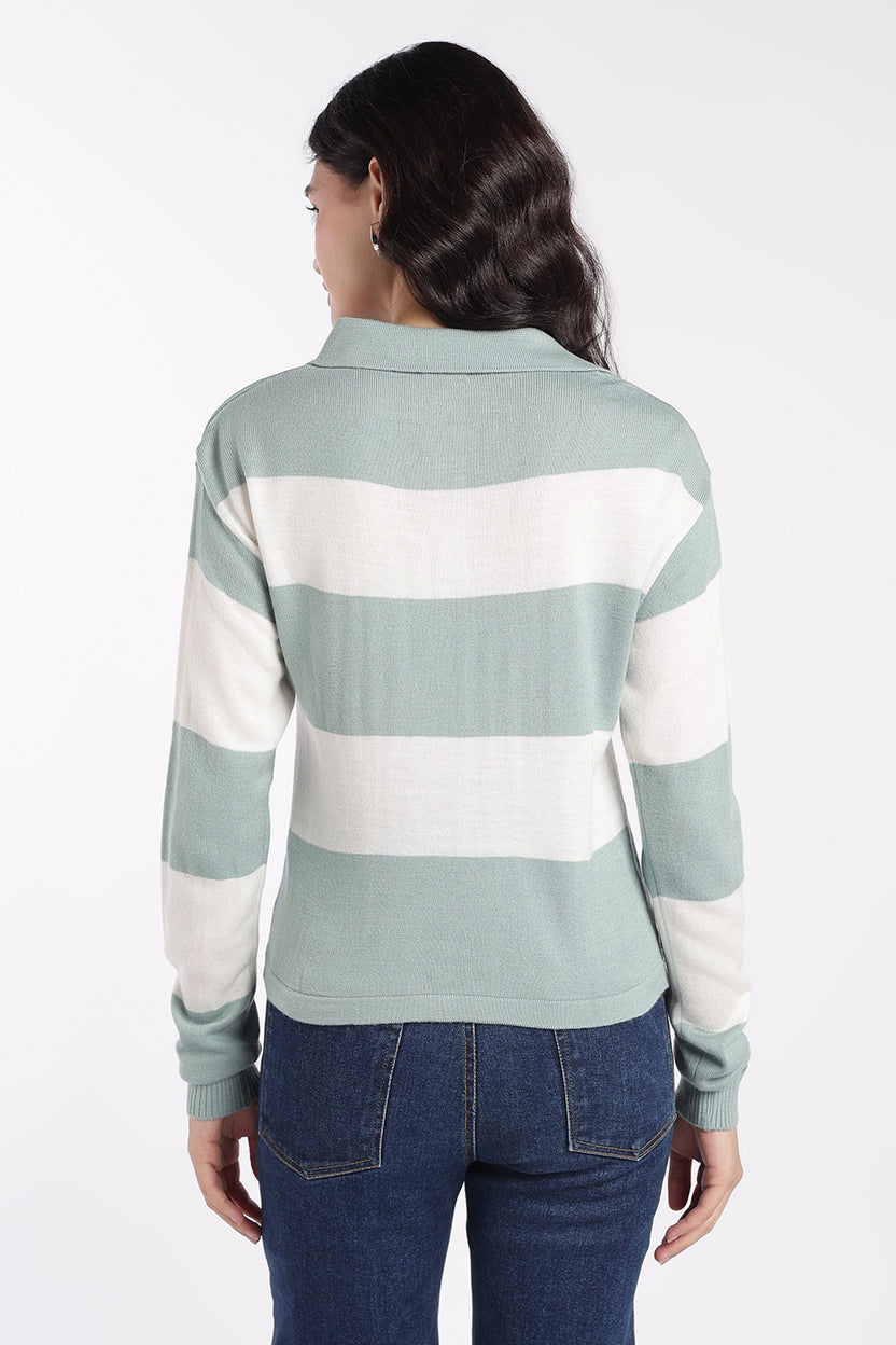 Womens Green Striped Collared Sweatshirt - Image 5