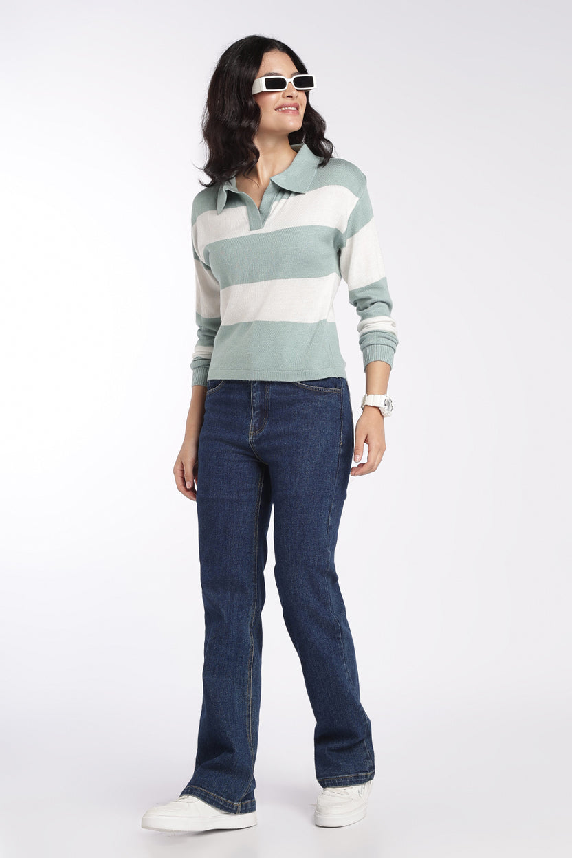 Womens Green Striped Collared Sweatshirt - Image 6