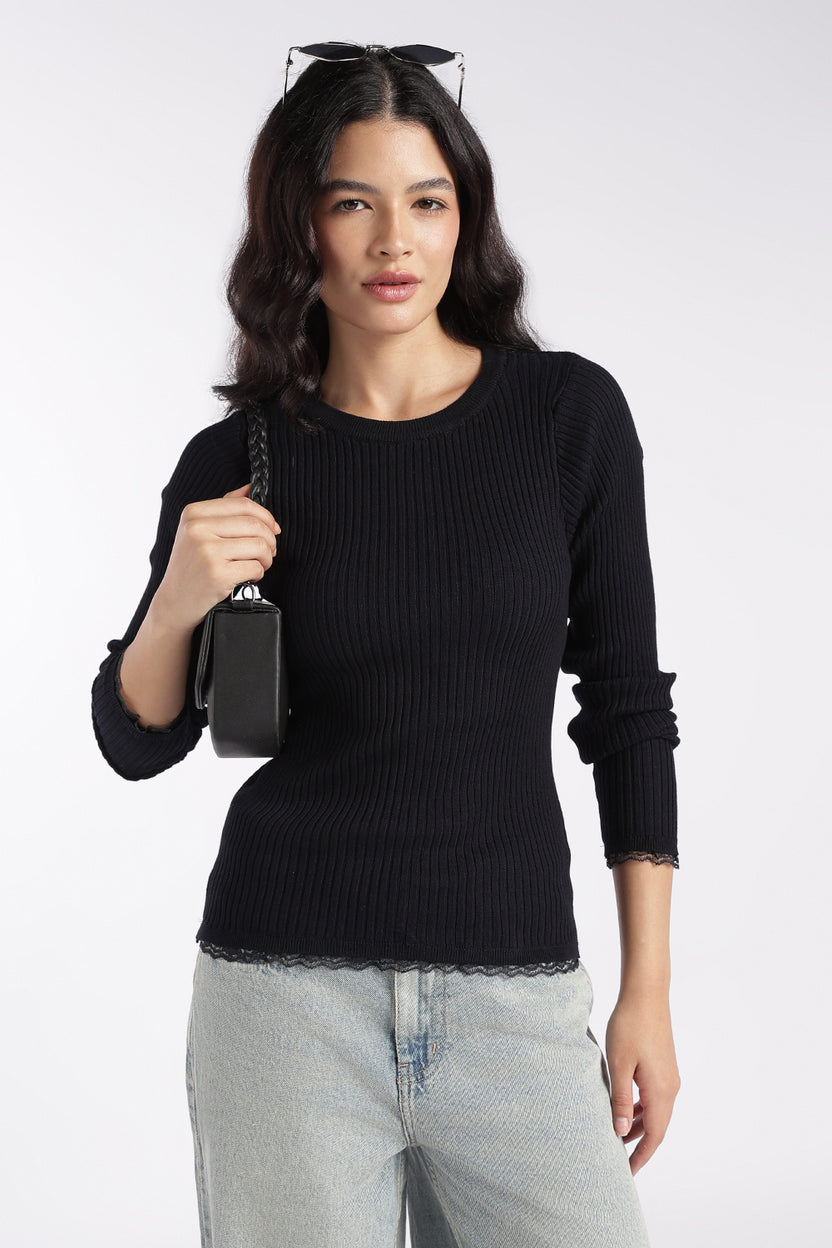 Womens Black Ribbed Knit Slim Fit Top - Image 1