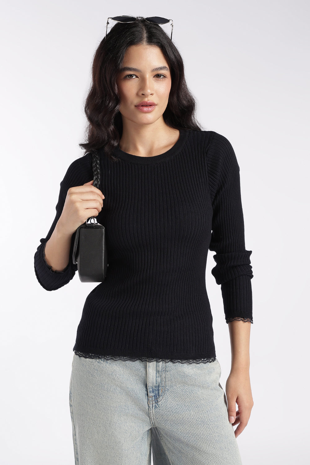 Womens Black Ribbed Knit Slim Fit Top - Image 1