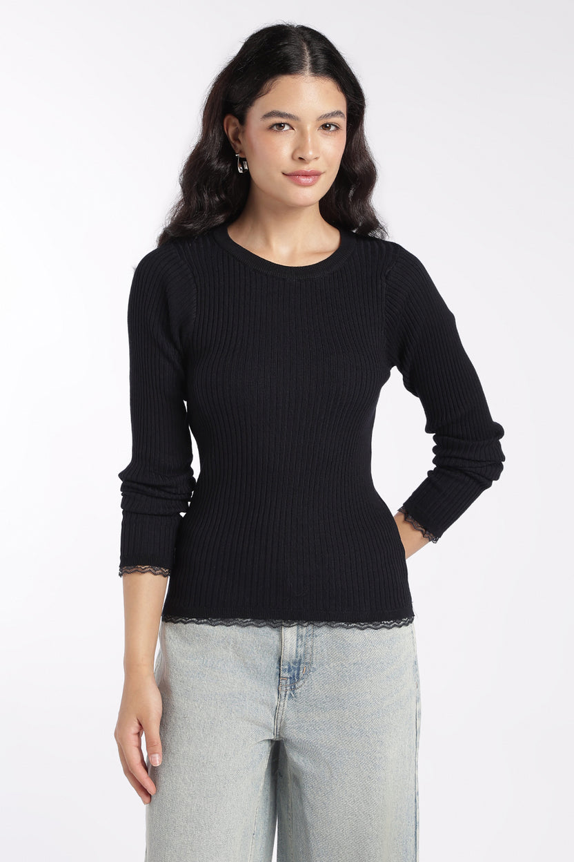 Womens Black Ribbed Knit Slim Fit Top - Image 2