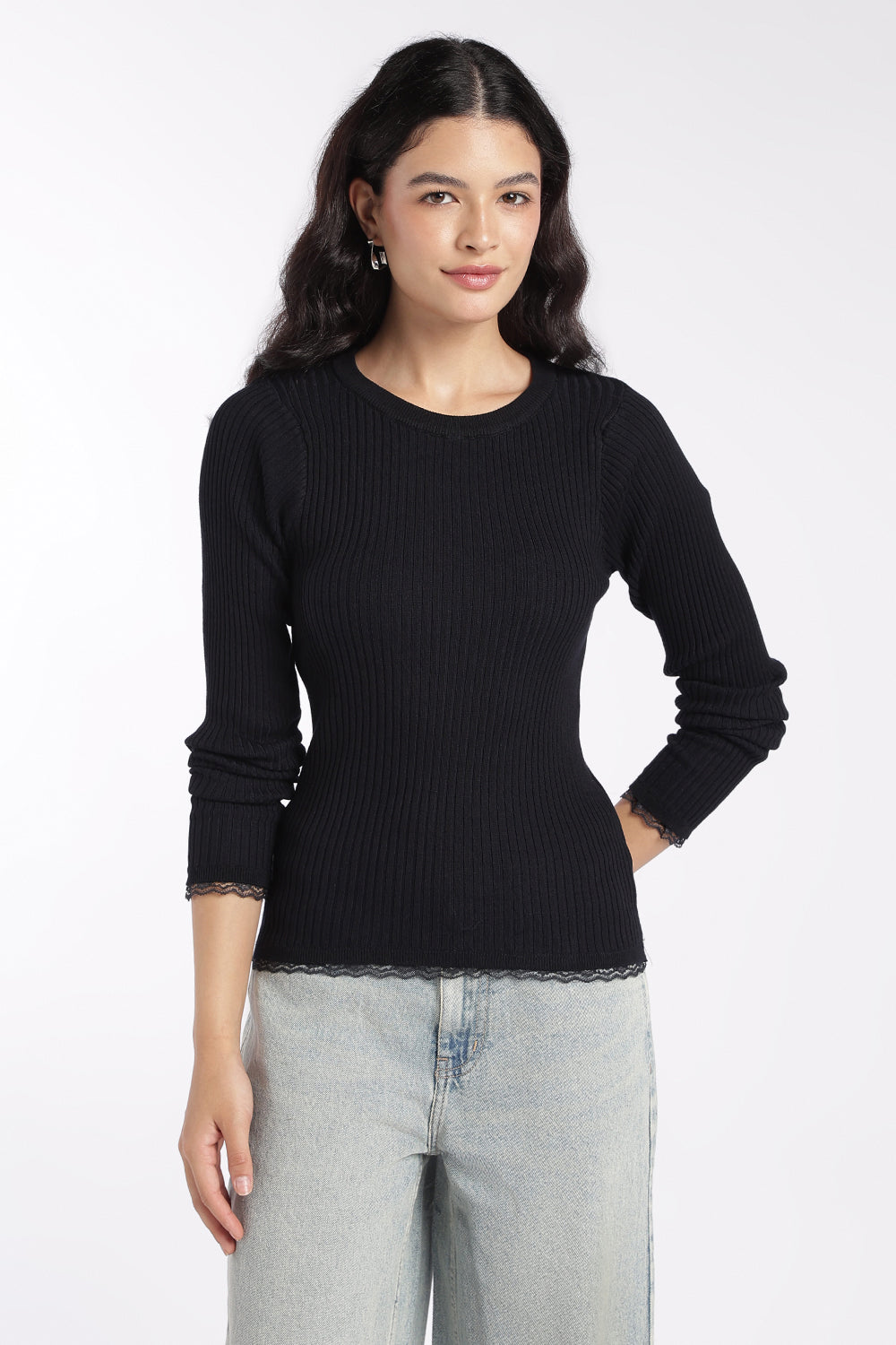 Womens Black Ribbed Knit Slim Fit Top - Image 2