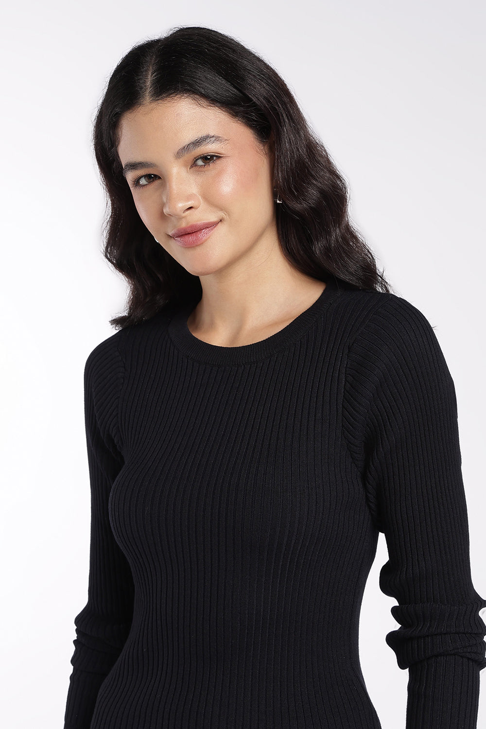Womens Black Ribbed Knit Slim Fit Top - Image 3