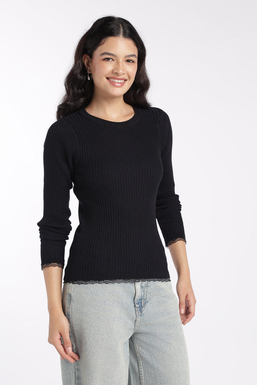 Womens Black Ribbed Knit Slim Fit Top - Image 4