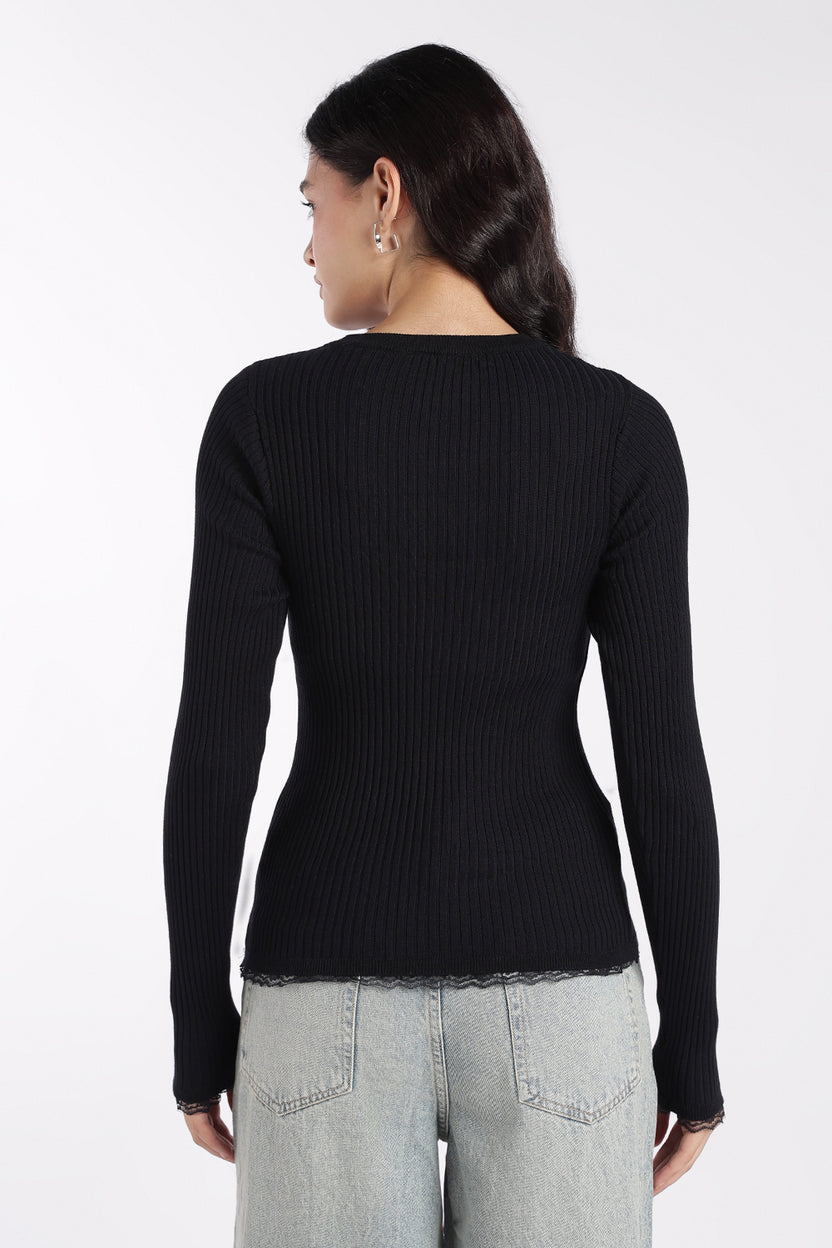 Womens Black Ribbed Knit Slim Fit Top - Image 5