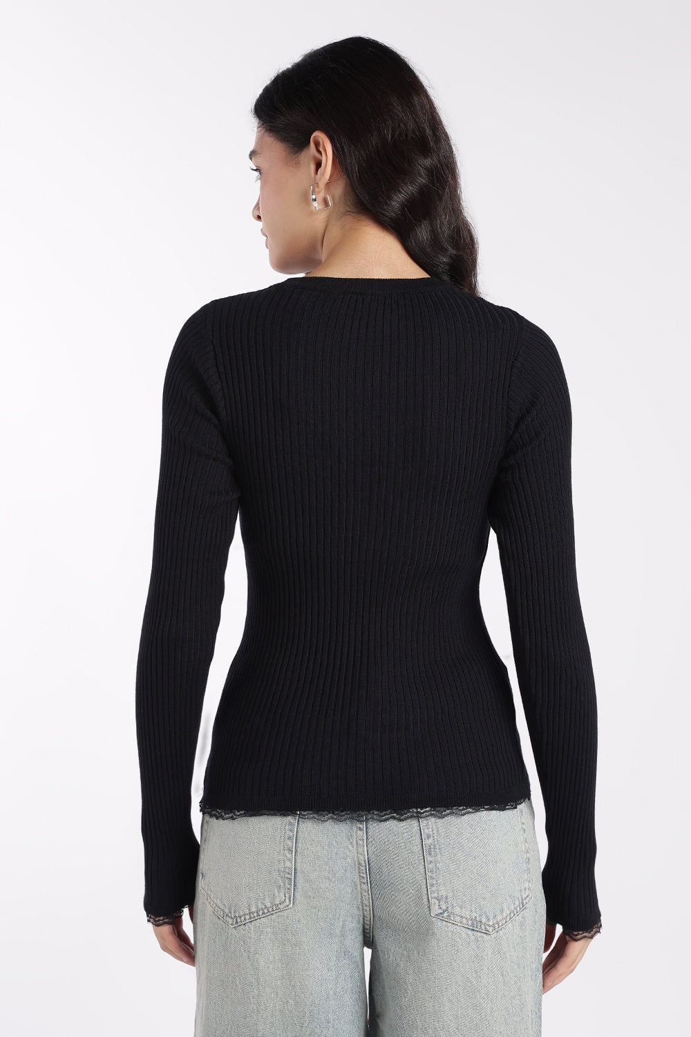 Womens Black Ribbed Knit Slim Fit Top - Image 5