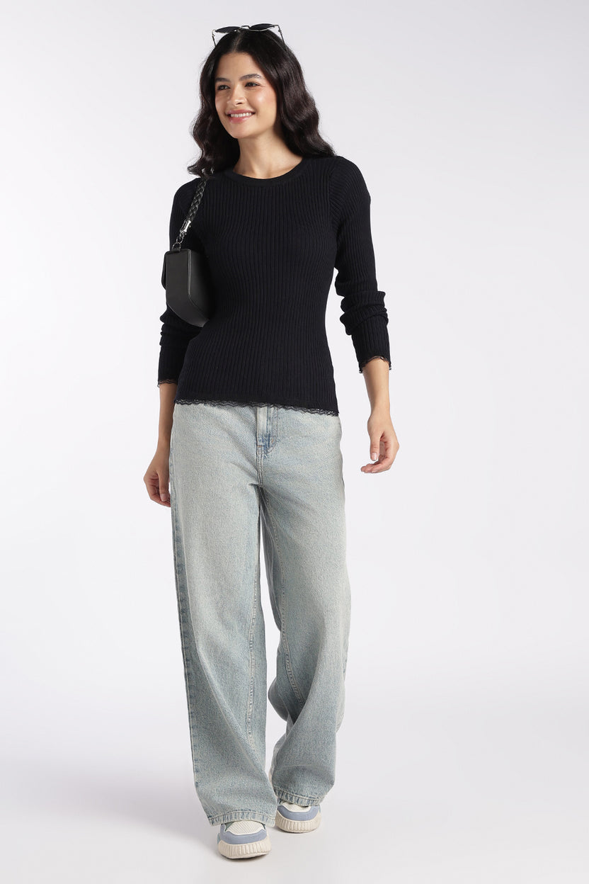 Womens Black Ribbed Knit Slim Fit Top - Image 6