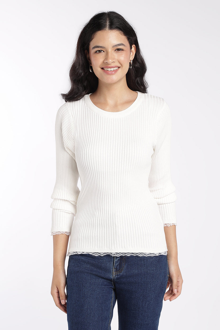 Womens White Ribbed Knit Slim Fit Top - Image 2