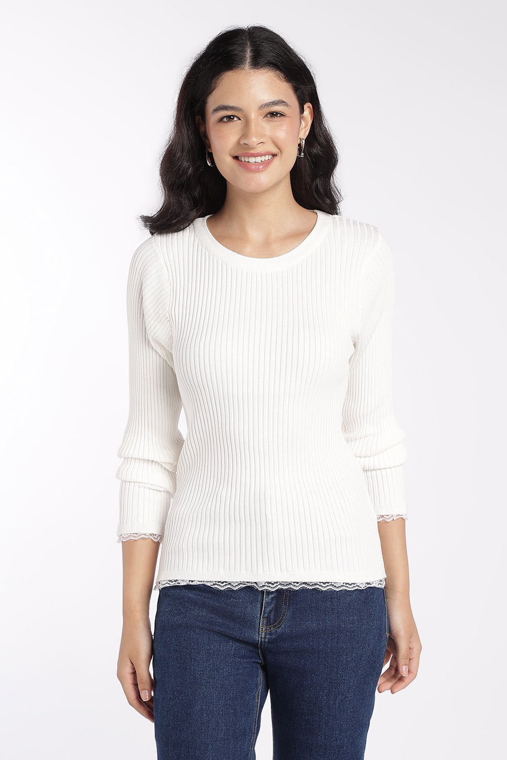 Womens White Ribbed Knit Slim Fit Top - Image 2