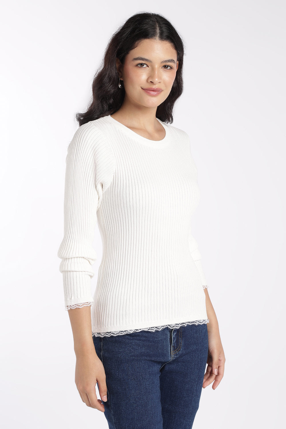 Womens White Ribbed Knit Slim Fit Top - Image 4