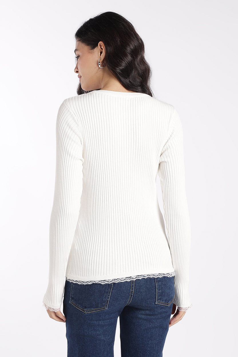 Womens White Ribbed Knit Slim Fit Top - Image 5