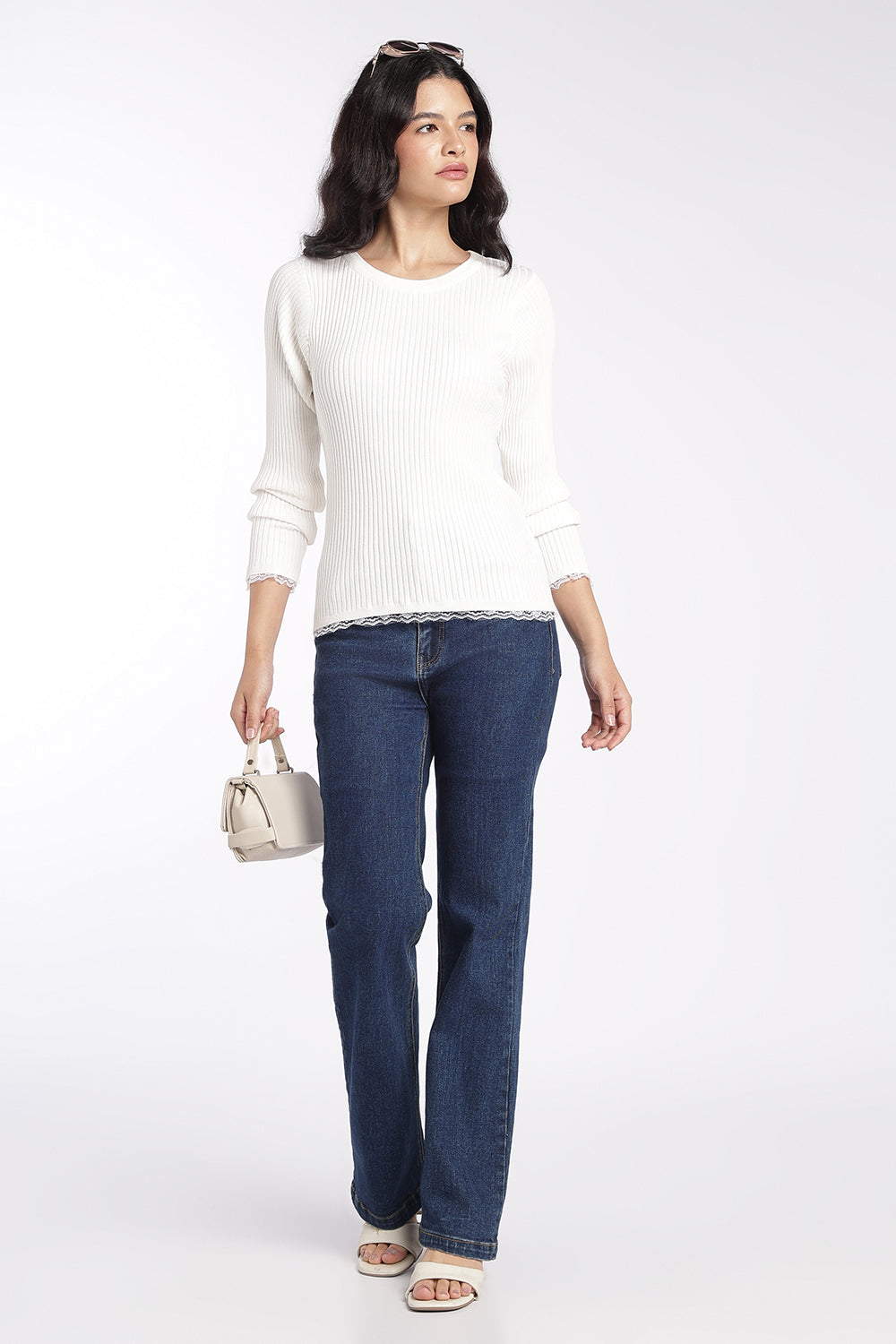 Womens White Ribbed Knit Slim Fit Top - Image 6