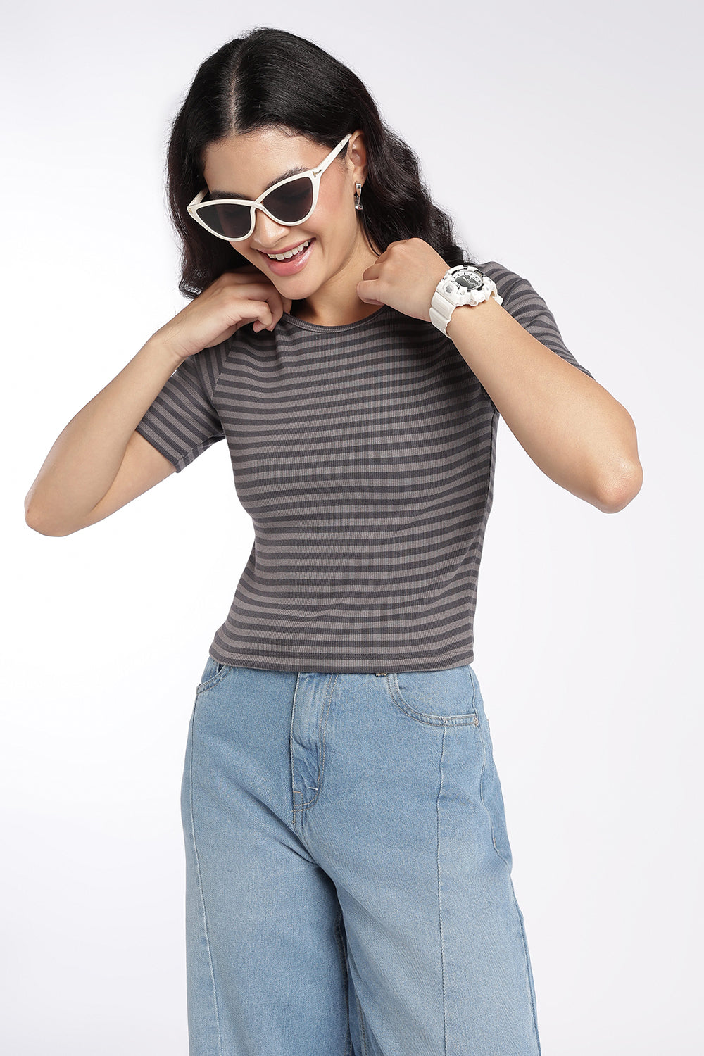 Womens Grey Slim Fit Striped Fitted Top - Image 1