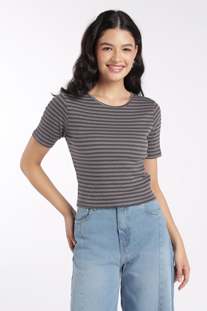 Womens Grey Slim Fit Striped Fitted Top - Image 2