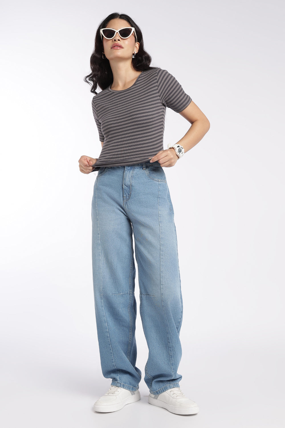 Womens Grey Slim Fit Striped Fitted Top - Image 6
