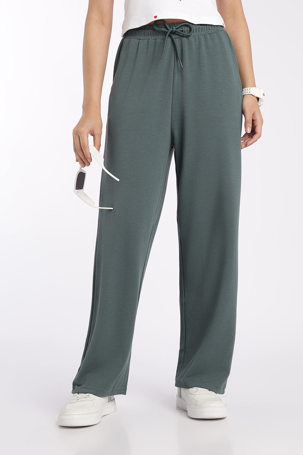 Womens Green Drawstring Wide Leg Track Pant - Image 1