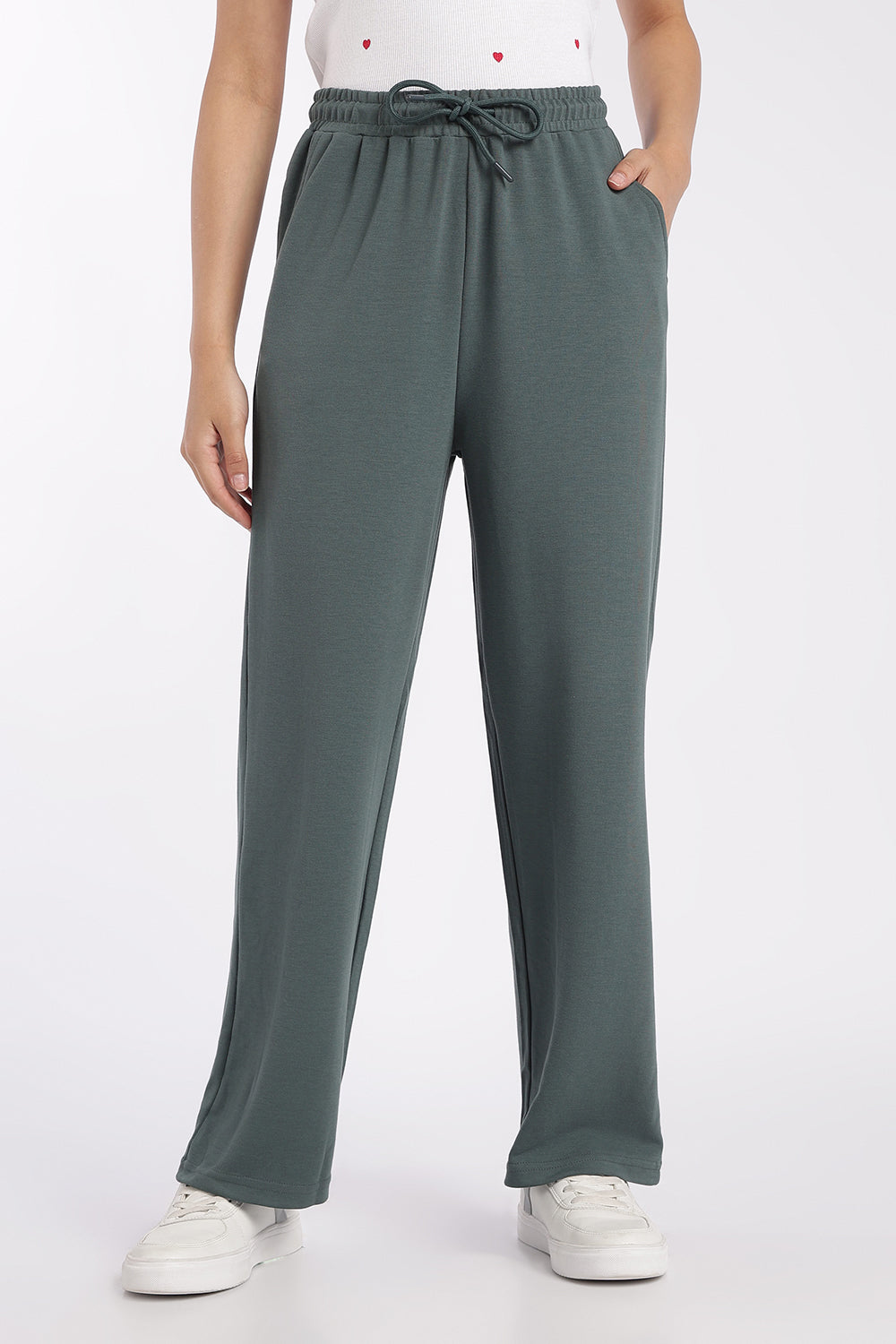 Womens Green Drawstring Wide Leg Track Pant - Image 2