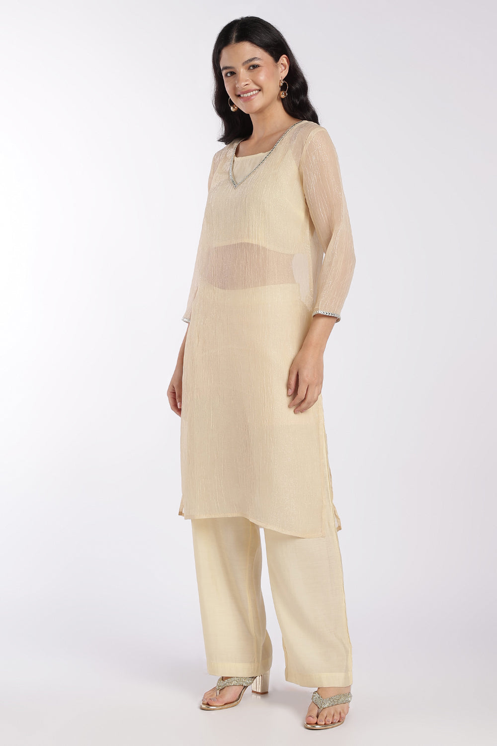 Womens Flared Beige Embellished Kurta Set - Image 6
