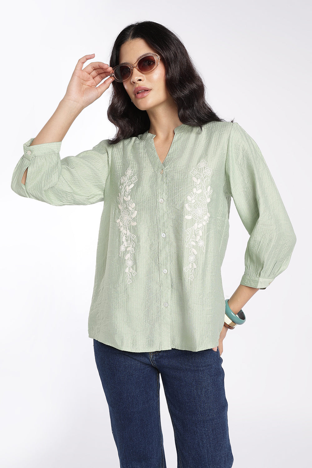 Womens Green Embroidered Regular Fit Tunic - Image 1
