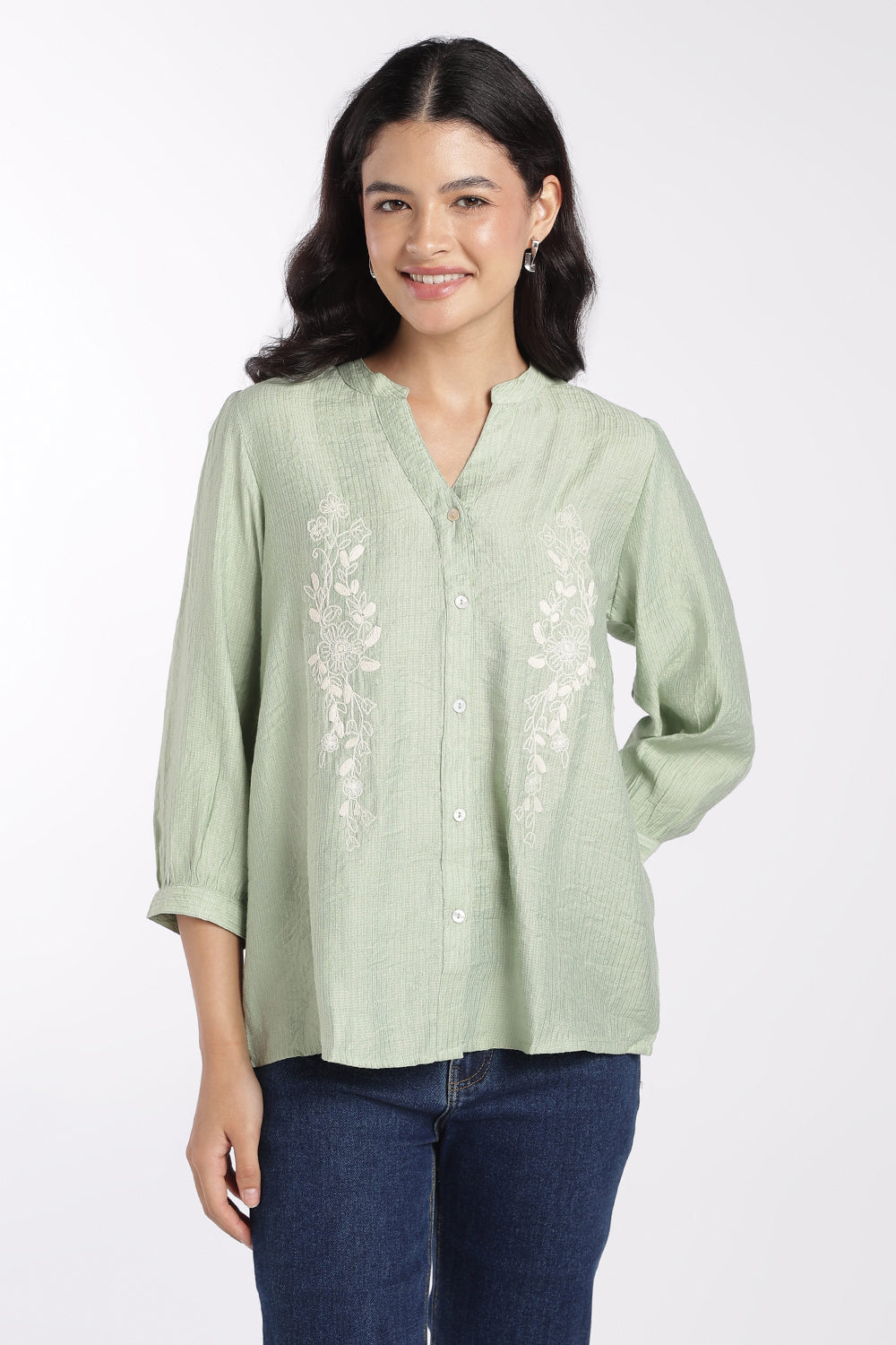 Womens Green Embroidered Regular Fit Tunic - Image 2