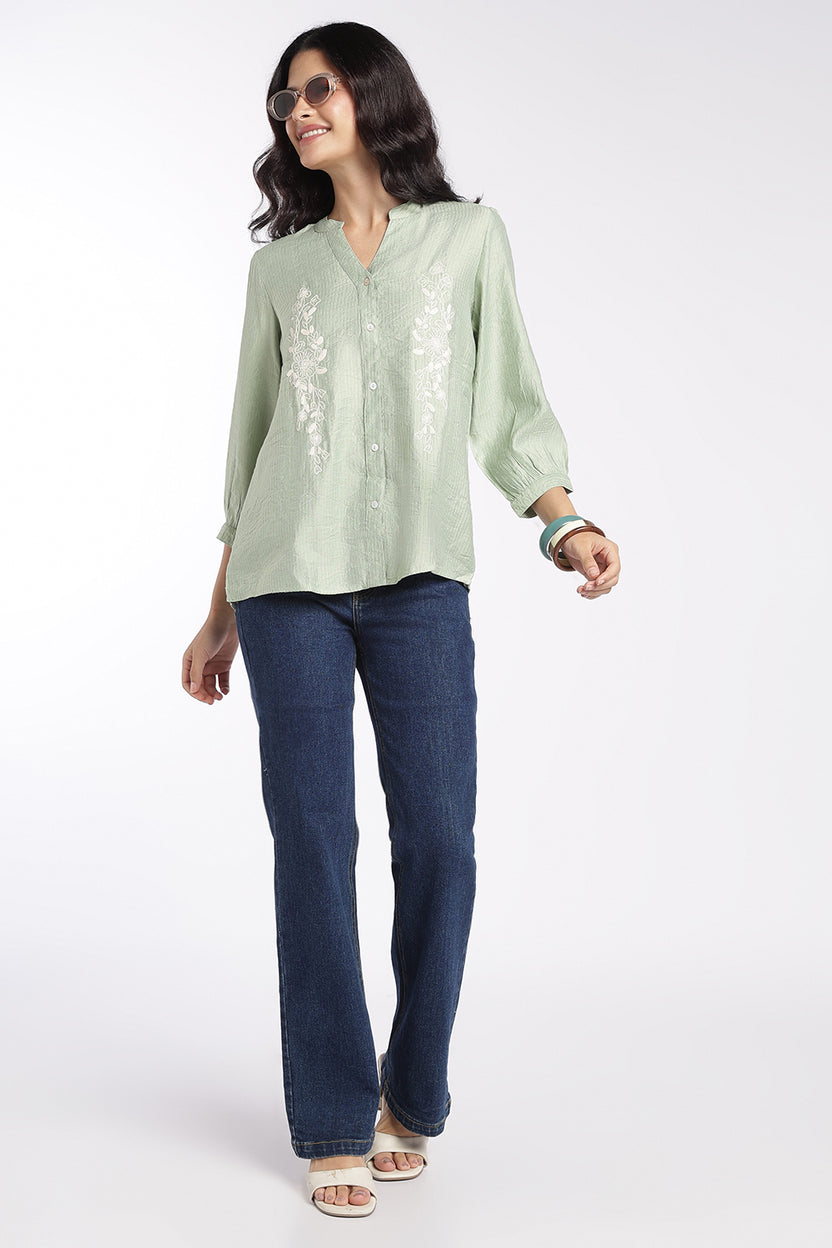 Womens Green Embroidered Regular Fit Tunic - Image 6