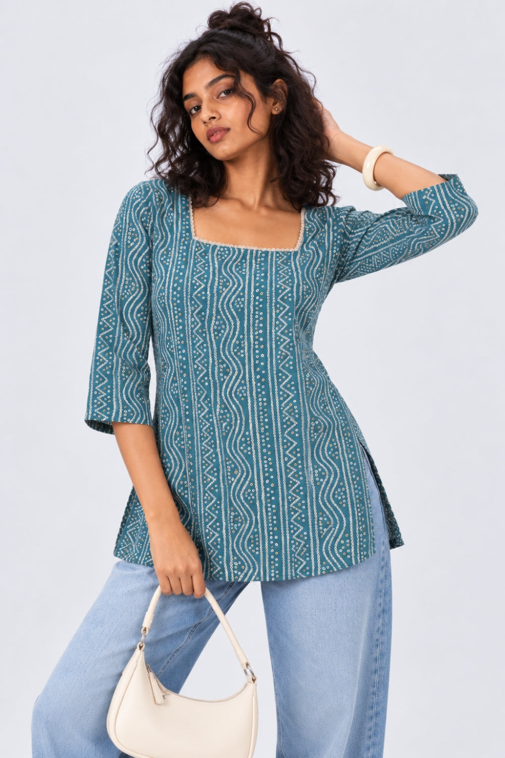 Womens Regular Fit Blue Bandhani Tunic - Image 1