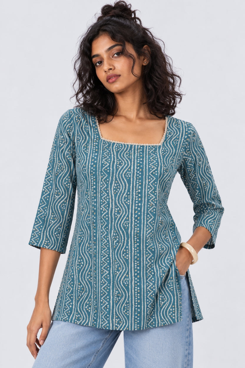 Womens Regular Fit Blue Bandhani Tunic - Image 2