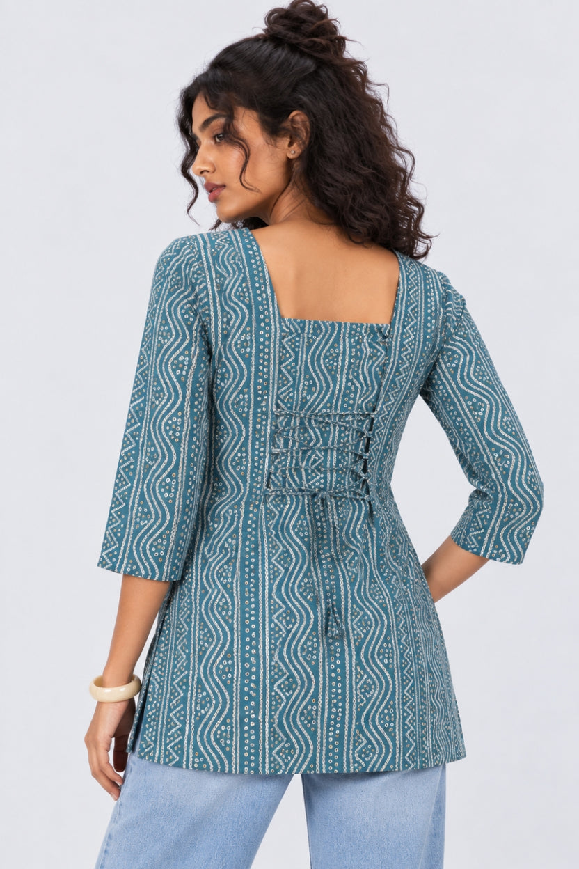 Womens Regular Fit Blue Bandhani Tunic - Image 5