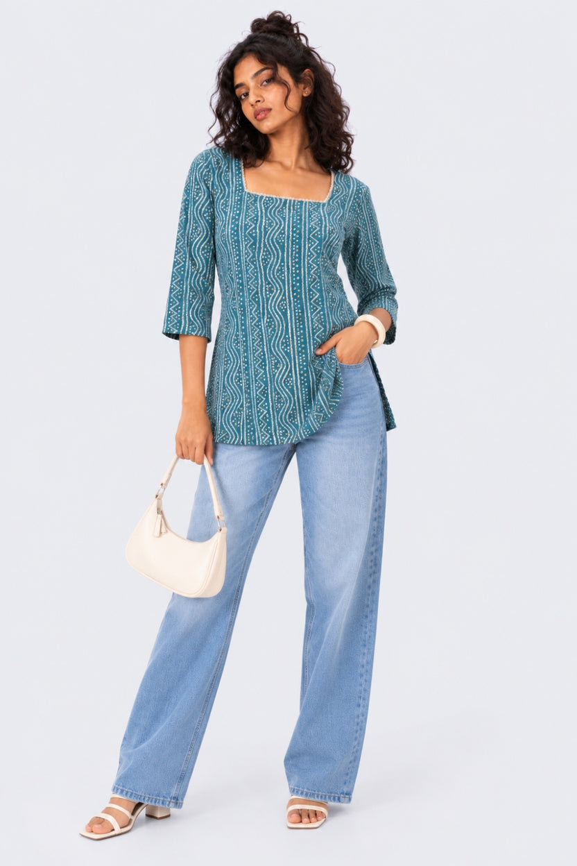Womens Regular Fit Blue Bandhani Tunic - Image 6