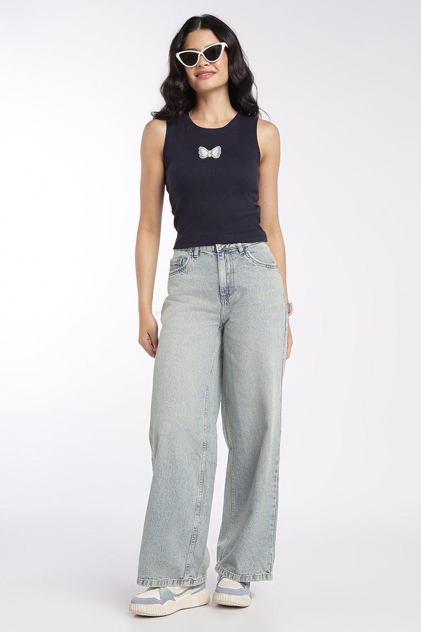 Womens Navy Butterfly Embellished Tank Top - Image 6