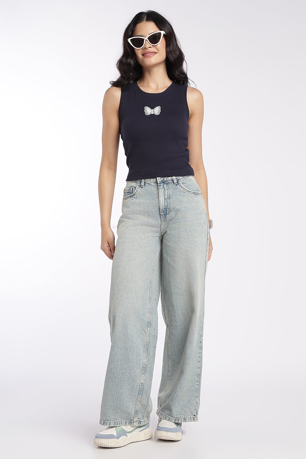 Womens Navy Butterfly Embellished Tank Top - Image 6