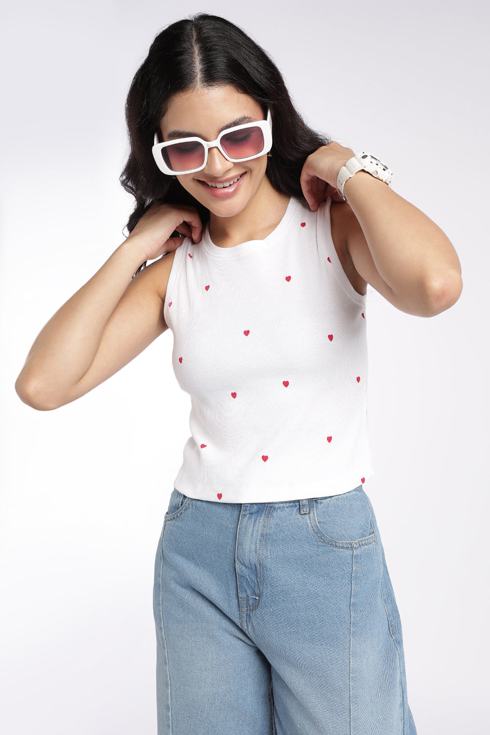 Womens White Heart Print Tank Top - Image 1